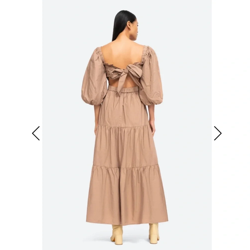 Sea Puff Sleeve Open Back Smocked Cotton Maxi Midi Dress - Picture 4 of 7